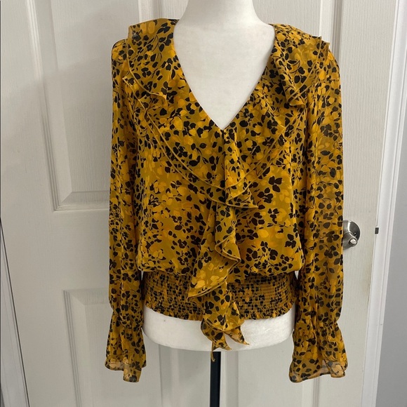 Melanie Lyne Elegant Floral Cascading Ruffle Blouse V Neck Mustard & Black Sz4 - Picture 2 of 16